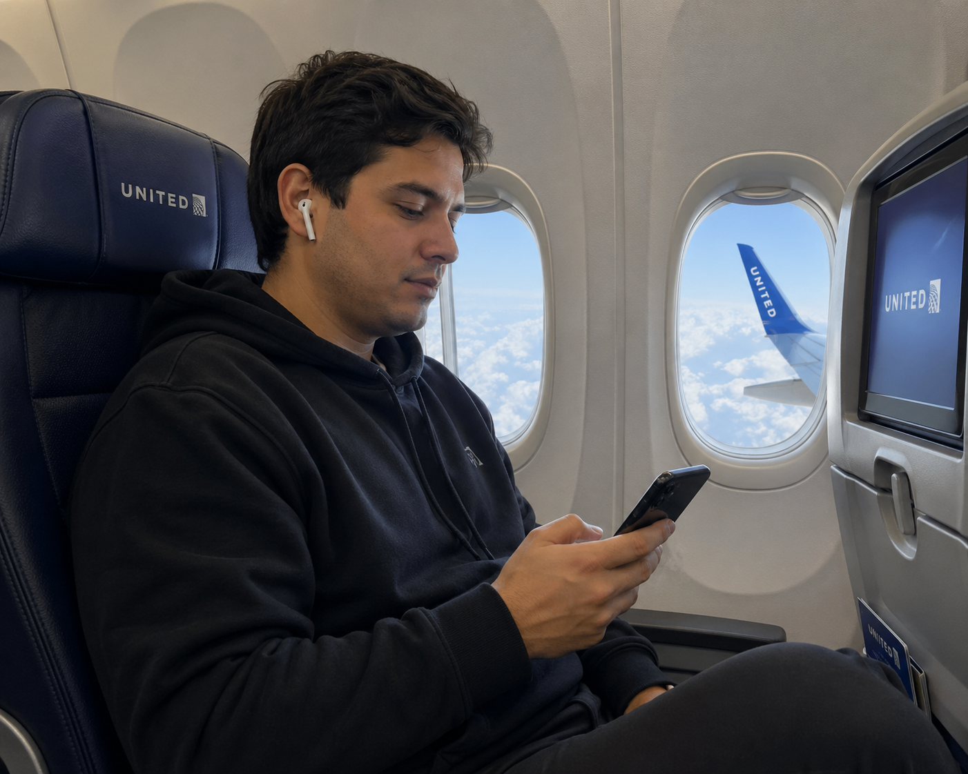 Un pasajero de United Airlines con audífonos